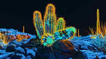 Free photo 3d rendering of vibrant neon cactus in desert