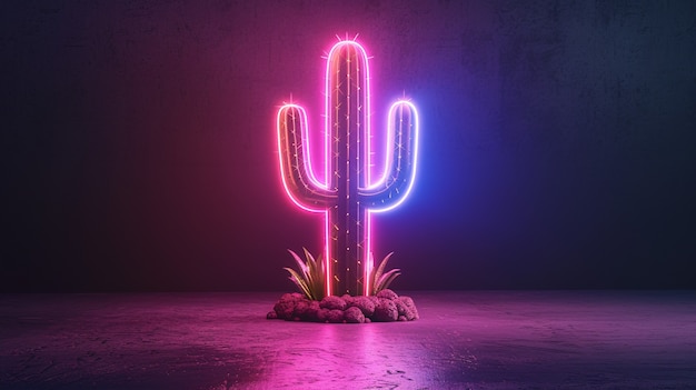 Free photo 3d rendering of vibrant neon cactus in desert