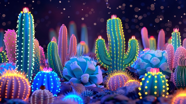 3d rendering of vibrant neon cactus in desert