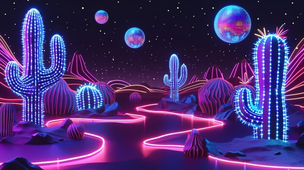 3d rendering of vibrant neon cactus in desert