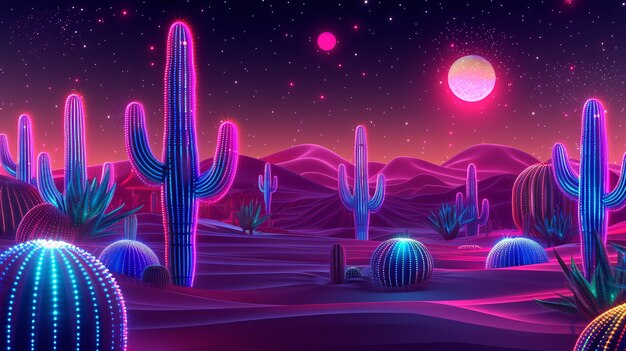 3d rendering of vibrant neon cactus in desert