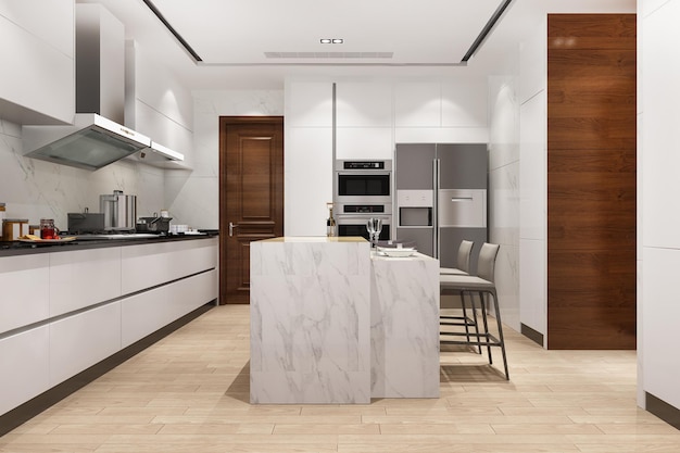 3d rendering white minimal kitchen with wood decoration