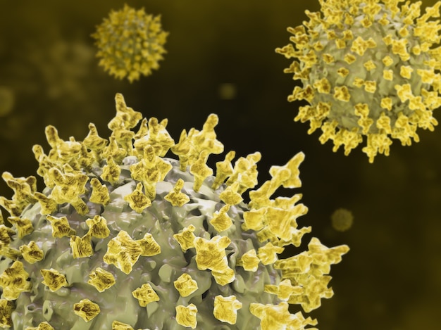 3D rendering of yellow coronavirus microbe cells