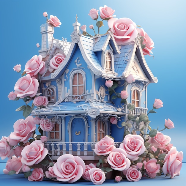 Free photo 3d rose flowers with fantasy house