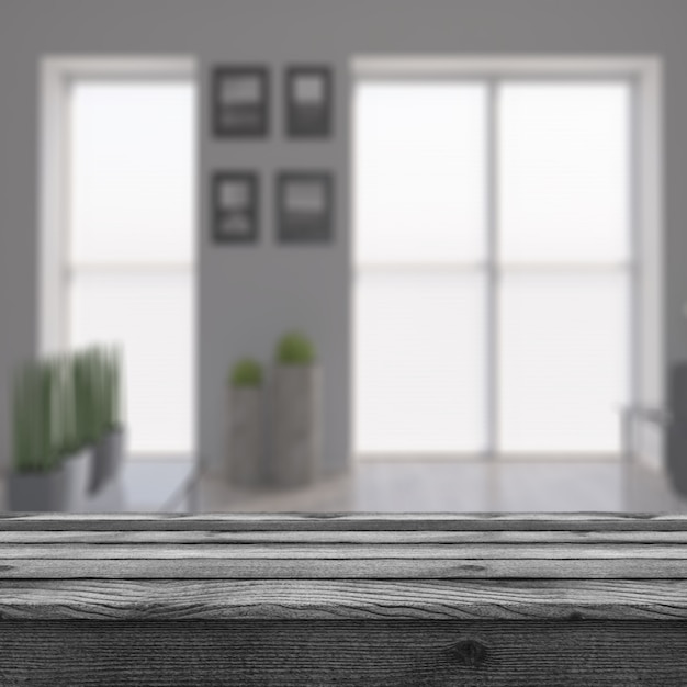 Free Photo 3d rustic table looking out to a defocussed modern room