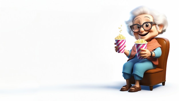 Free photo 3d senior woman with cinema popcorn and copy space