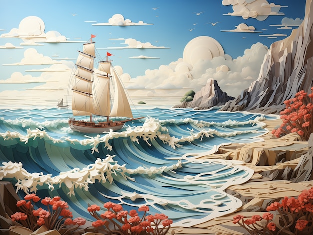 3d ship with sea landscape