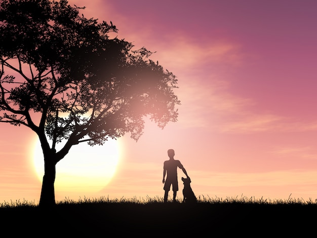 Free photo 3d silhouette of a boy and his dog against a sunset sky