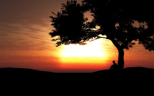 Free Photo 3d silhouette of a boy sitting under a tree at sunset