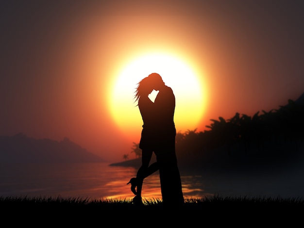 Free Photo 3d silhouette of a loving couple against a tropical sunset landscape