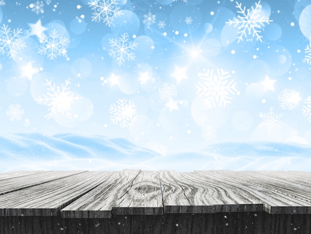 3D snowy landscape with falling snowflakes and wooden table