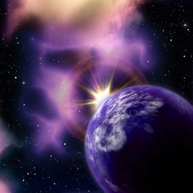 Free Photo 3d space background with sun rising behind fictional planet