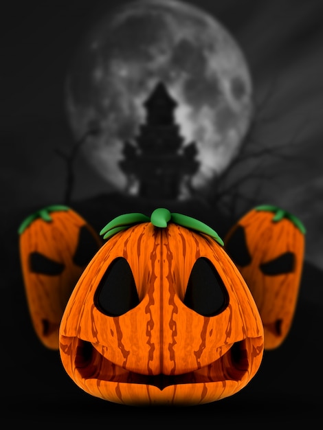 Free Photo 3d spooky pumpkins in haunted castle landscape