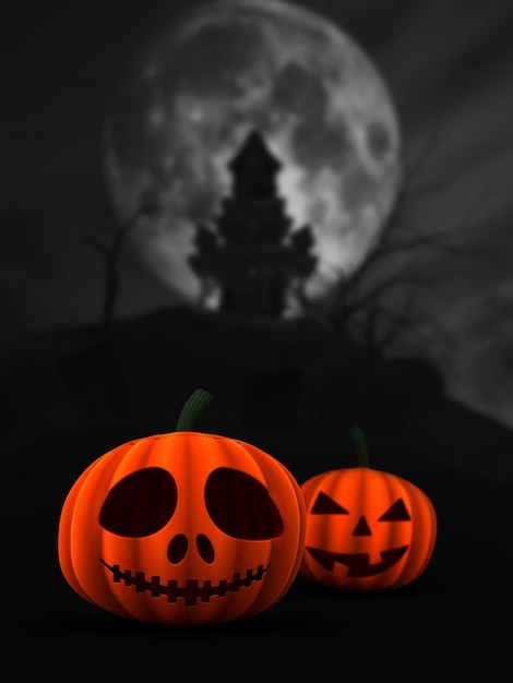 Free photo 3d spooky pumpkins in haunted castle landscape