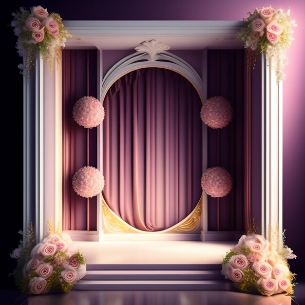 A 3d stage with a pink curtain and a pink flower.