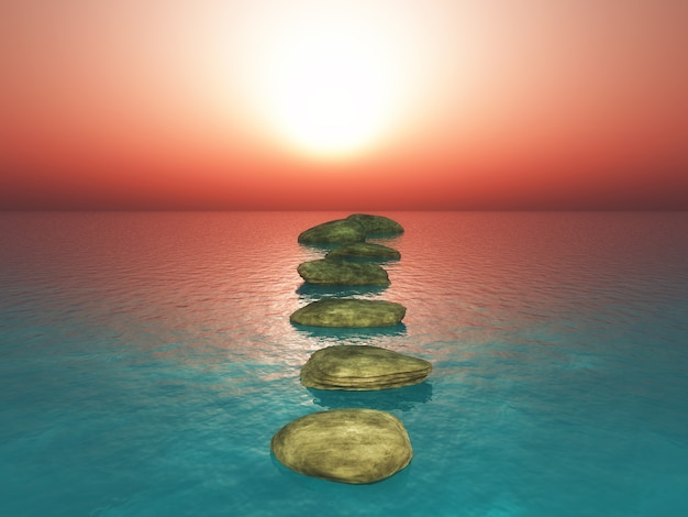 Free photo 3d stepping stones in a sunset ocean