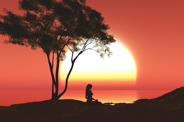 Free Photo 3d sunset landscape with female in yoga pose under a tree