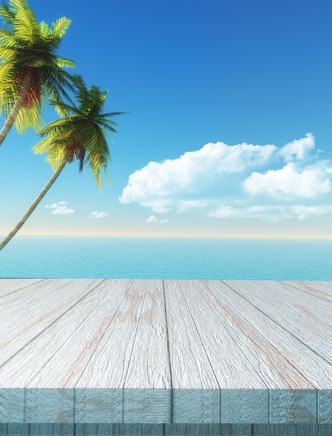 3D table looking out to a palm tree and sea landscape