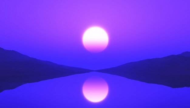 3D tranquil ocean landscape with purple sunset