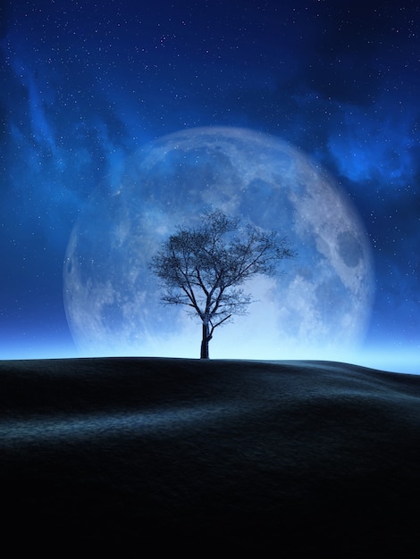 Free Photo 3d tree against a moon night sky