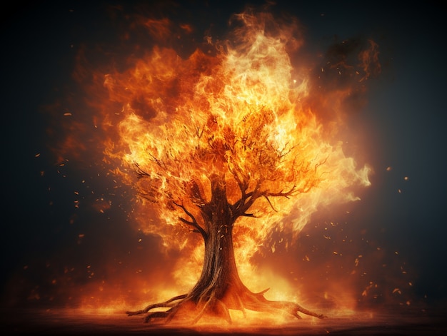 3d tree on fire with flames