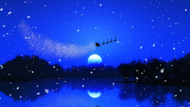 Free Photo 3d tree landscape against a night sky with santa and his reindeers