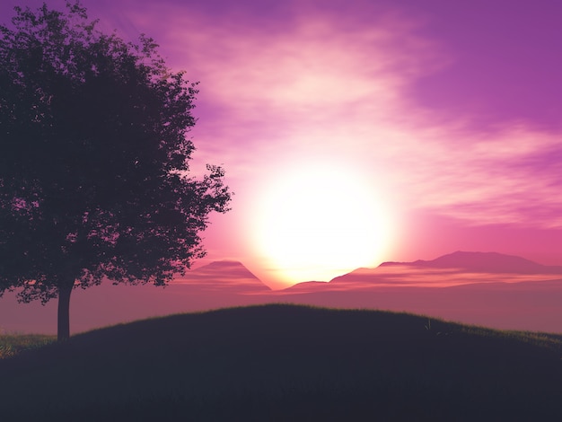 Free photo 3d tree landscape against a sunset sky