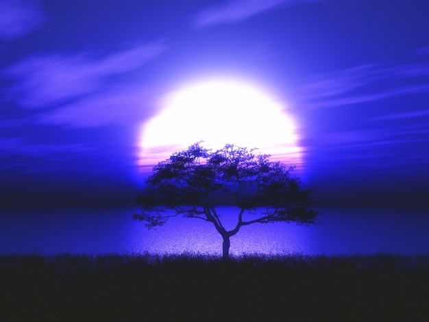 Free photo 3d tree silhouetted tree against a moonlit landscape