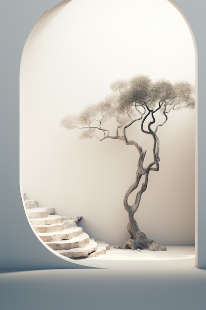 Free Photo 3d tree with leaves and branches displayed on podium