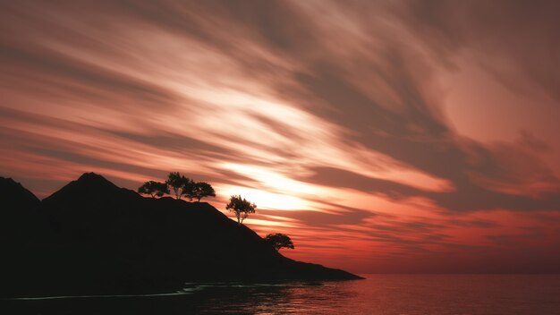 3D trees on island against a sunset sky