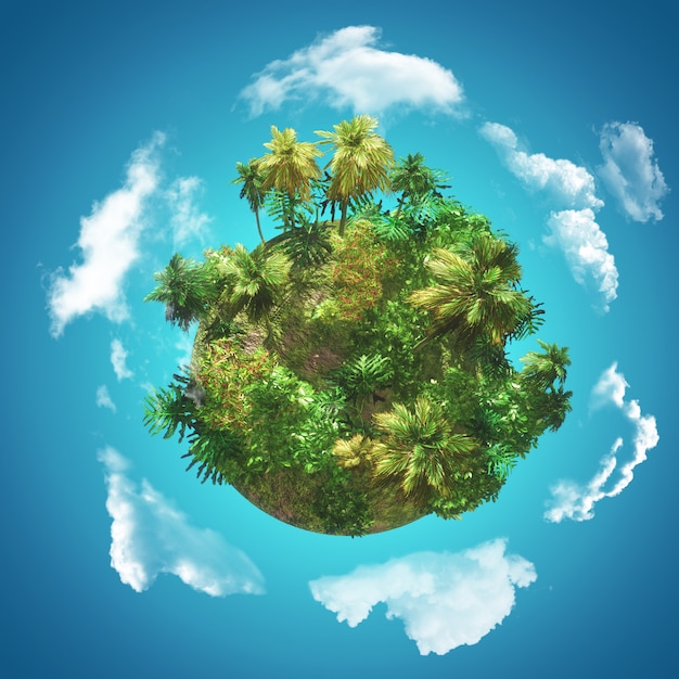 Free Photo 3d tropical background with glove of palm trees on blue sky with circling clouds