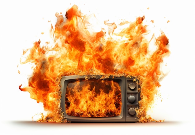 3d tv on fire with flames