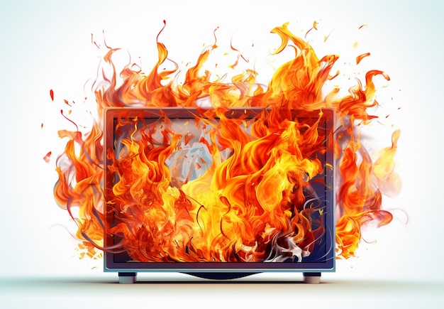 3d tv on fire with flames