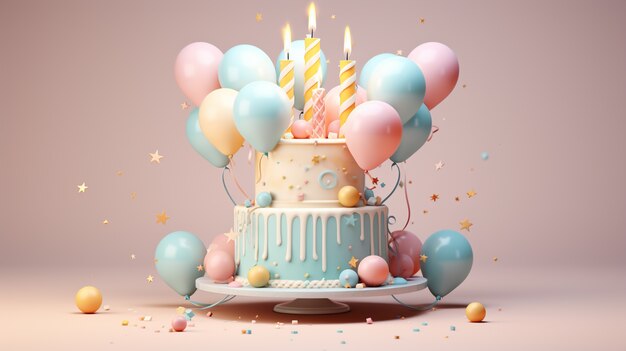 3d view of delicious looking cake with balloons