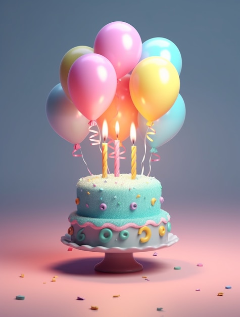 3d view of delicious looking cake with balloons