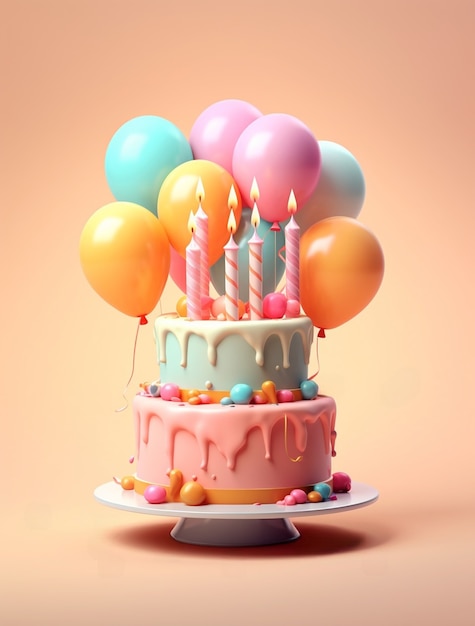 3d view of delicious looking cake with balloons