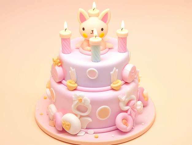 Free Photo 3d view of delicious looking cake with candles and cat