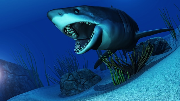 3D white shark swimming in ocean