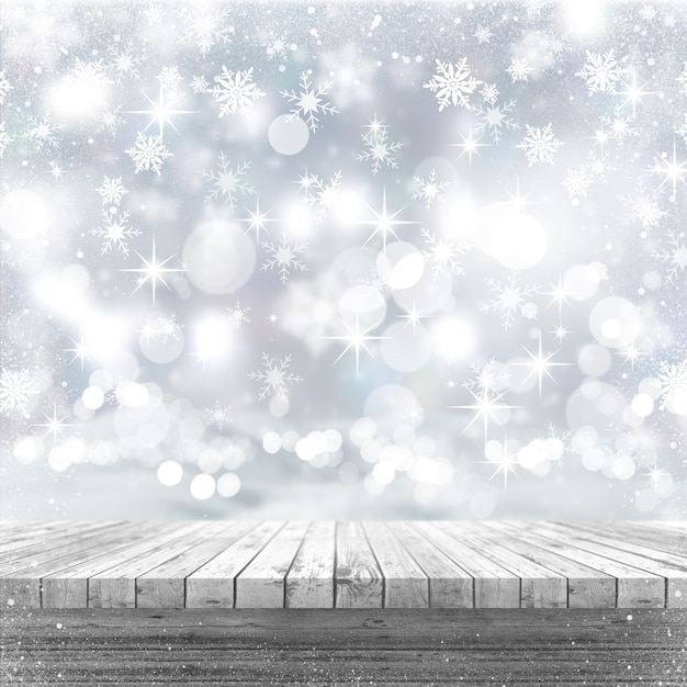 Free photo 3d white wooden table looking out to a christmas background