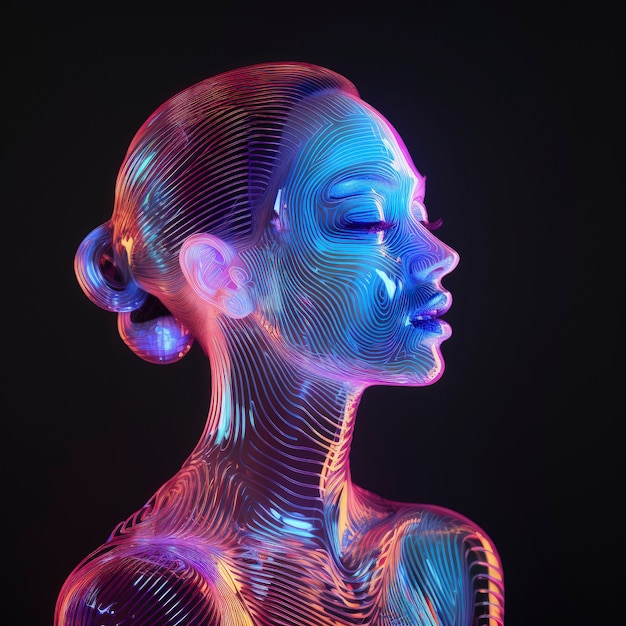 3d woman shape glowing with bright holographic colors