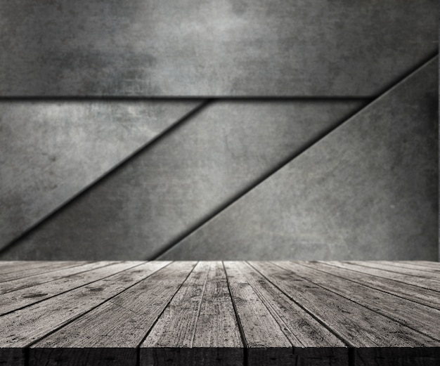 Free Photo 3d wooden table looking out to abstract metal wall