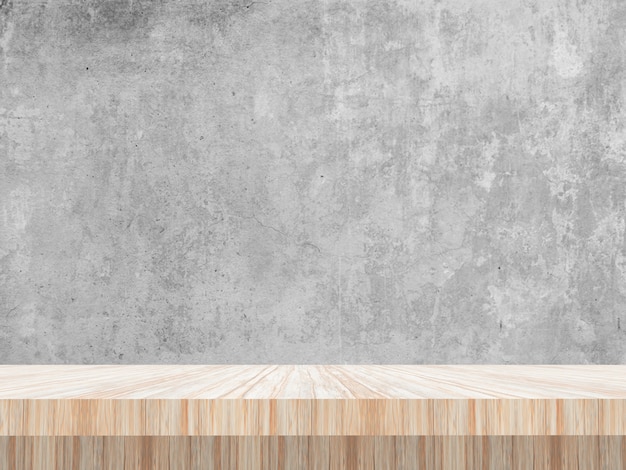 3D wooden table looking out to a blank concrete wall