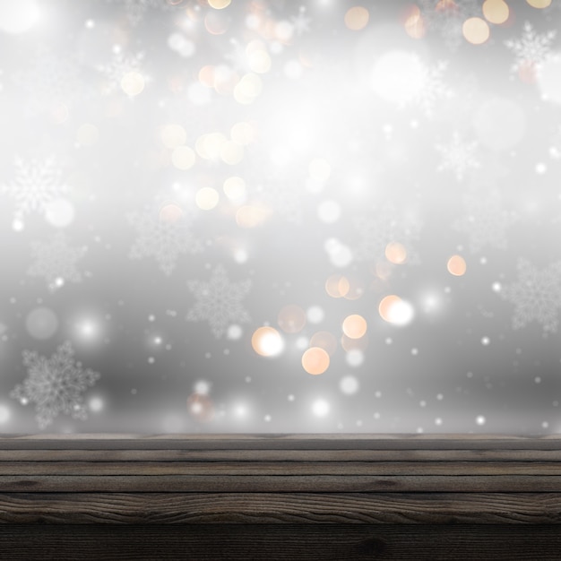 Free photo 3d wooden table looking out to a defocussed christmas background