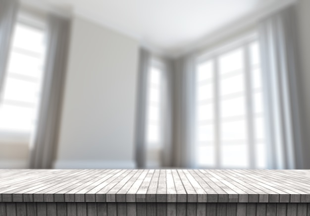 Free Photo 3d wooden table looking out to a defocussed contemporary empty room