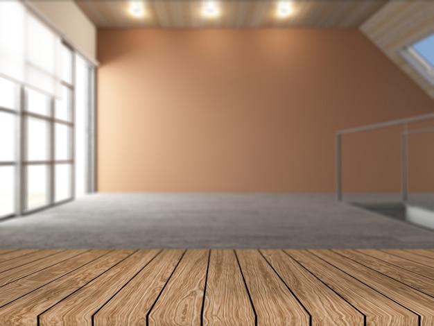 3D wooden table looking out to a defocussed empty room