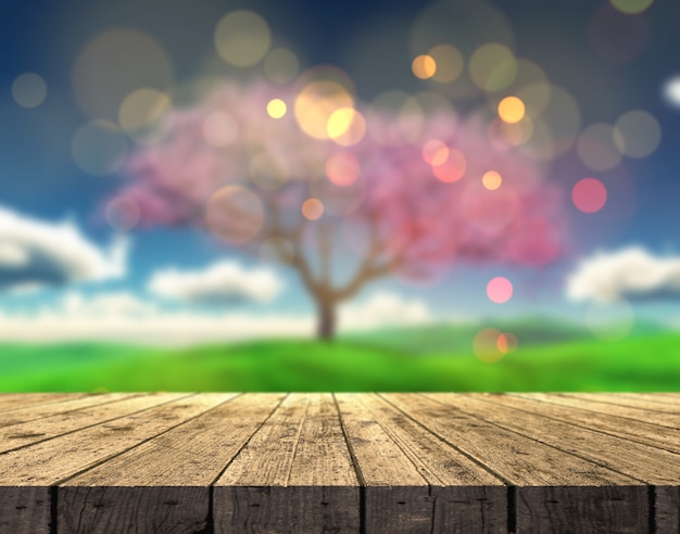 3D wooden table looking out to a defocussed summer landscape with Cherry tree