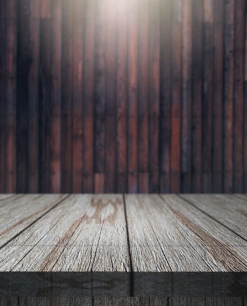 3D wooden table looking out to a defocussed wood wall