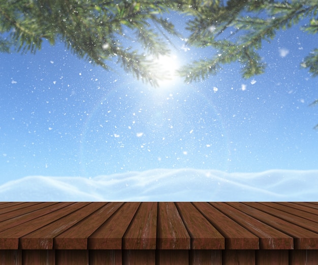 Free Photo 3d wooden table looking out to a snowy landscape