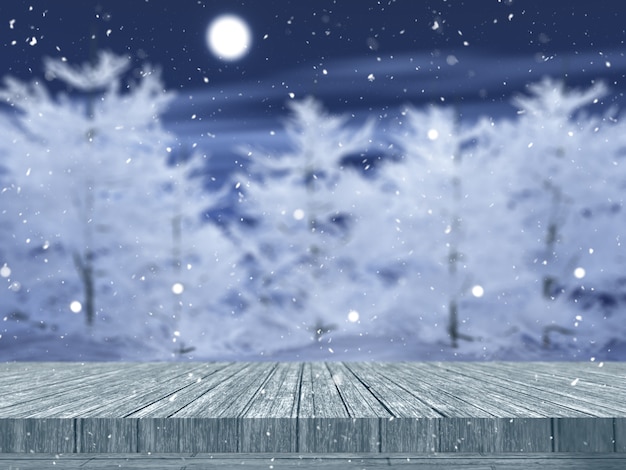 Free photo 3d wooden table looking out to a snowy tree landscape