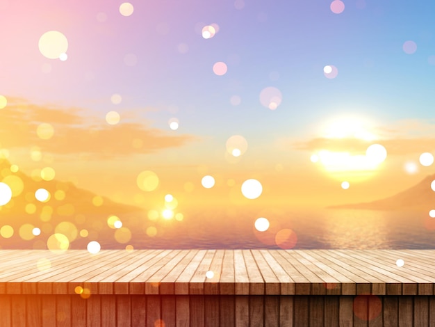 3D wooden table looking out to a tropical landscape with bokeh lights